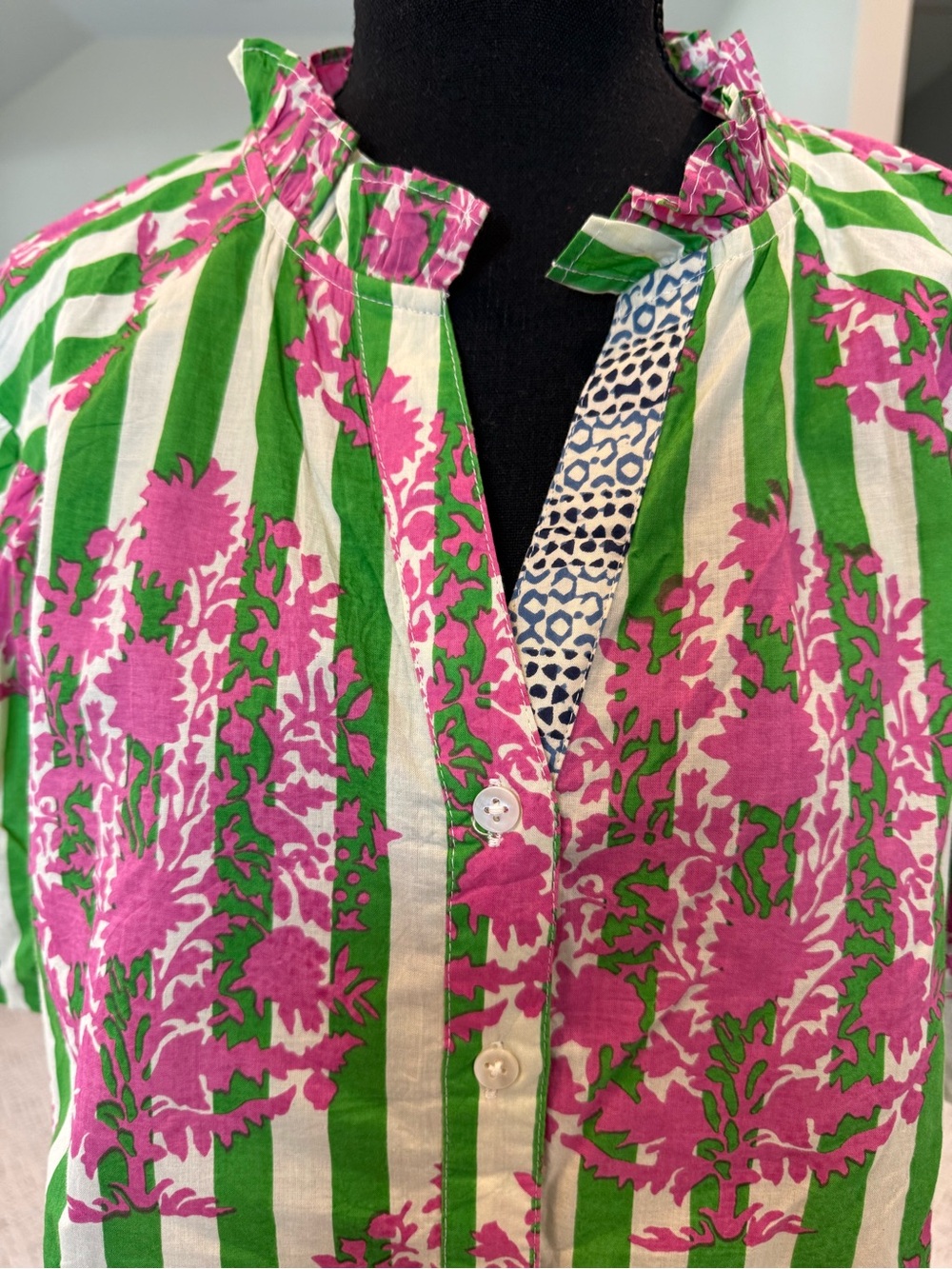 THML Striped Green & Pink Floral Button-Front Blouse - Picture 2 of 8